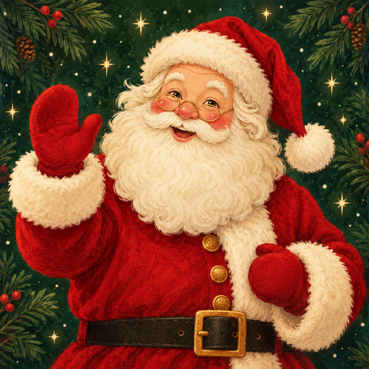 A friendly illustrated Santa waving hello